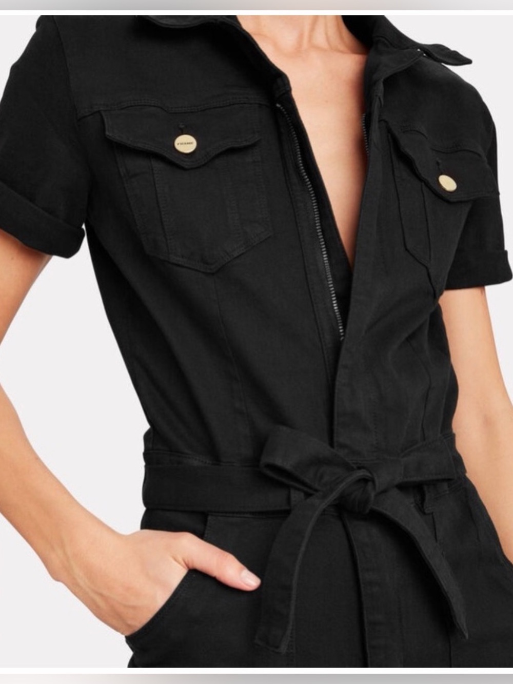 Frame Premium Black Denim Short-Sleeve Utility Jumpsuit Sz S Edgy Chic Minimal